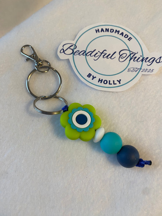 Key Chain - Neon Green Flower with aqua bead